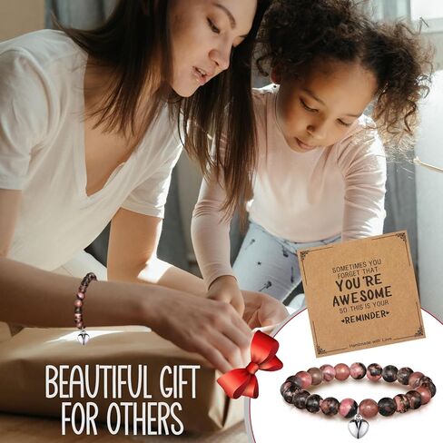 Remuuly 8 Pcs Inspirational Gifts Bracelets for Women You're Awesome Heart Beaded Strand Adjustable Bracelet Natural Stone Pink Beaded Bracelet with Card for Girl Mom Friend Birthday Christmas Jewelry in Kuwait