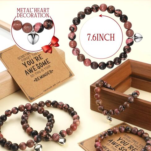 Remuuly 8 Pcs Inspirational Gifts Bracelets for Women You're Awesome Heart Beaded Strand Adjustable Bracelet Natural Stone Pink Beaded Bracelet with Card for Girl Mom Friend Birthday Christmas Jewelry in Kuwait