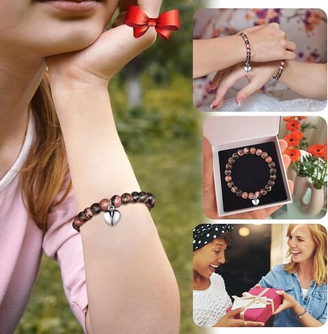Remuuly 8 Pcs Inspirational Gifts Bracelets for Women You're Awesome Heart Beaded Strand Adjustable Bracelet Natural Stone Pink Beaded Bracelet with Card for Girl Mom Friend Birthday Christmas Jewelry in Kuwait