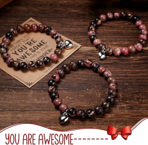 Remuuly 8 Pcs Inspirational Gifts Bracelets for Women You're Awesome Heart Beaded Strand Adjustable Bracelet Natural Stone Pink Beaded Bracelet with Card for Girl Mom Friend Birthday Christmas Jewelry in Kuwait