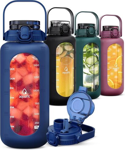 AQUAFIT Glass Water Bottles 64 Oz with Time Marker - 2in1 Straw and Chug Lid - Half Gallon Water Bottle with Silicone Sleeve and Handle, Leakproof Water Bottle (64 oz - 2in1 Lid, Blue) in Saudi Arabia