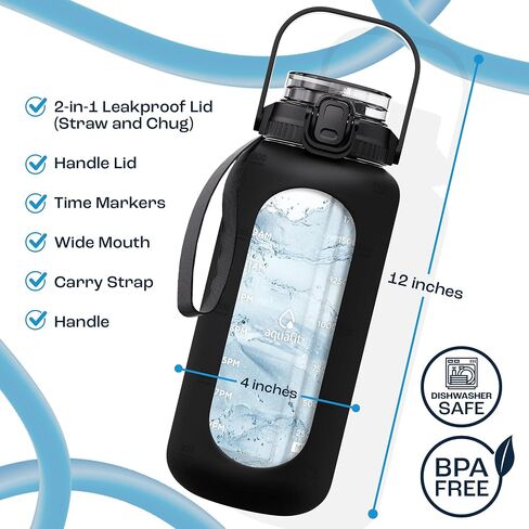AQUAFIT Glass Water Bottles 64 Oz with Time Marker - 2in1 Straw and Chug Lid - Half Gallon Water Bottle with Silicone Sleeve and Handle, Leakproof Water Bottle (64 oz - 2in1 Lid, Blue) in Saudi Arabia