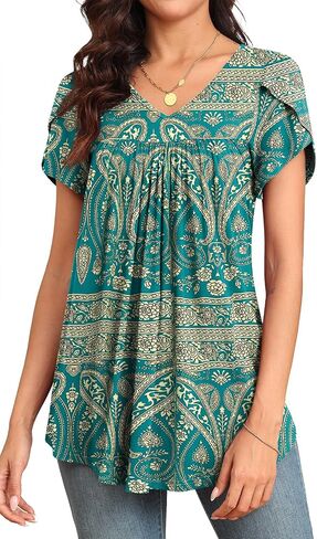 LAOLASI Womens 2024 Summer Tunic Petal Short Sleeve Casual Tops V Neck Flowy Tee Hide Belly Shirt Blouse in Kuwait