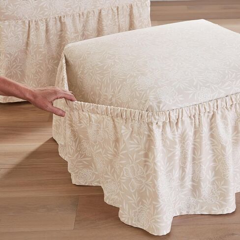 SureFit Essential Twill Ruffled Loveseat Slipcovers, Loveseat Cover with Cotton Printed One-Piece Design and Ruffled Skirt, Machine Washable Love Seat Cover, Neutral Floral in Saudi Arabia