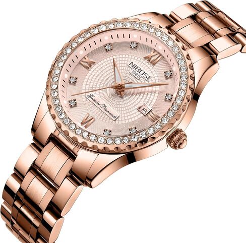 NIBOSI Women's Watches Analog Quartz Diamond Rose Gold Watch for Ladies Stylish Water-Resistant Stainless Steel Dress Watch Calendar in Saudi Arabia