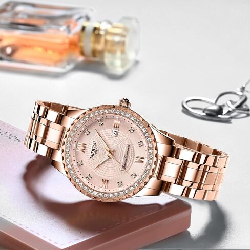 NIBOSI Women's Watches Analog Quartz Diamond Rose Gold Watch for Ladies Stylish Water-Resistant Stainless Steel Dress Watch Calendar in Saudi Arabia