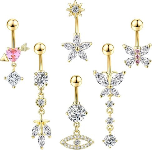 Belly Button Ring Surgical Stainless Steel Dangle Belly Button Rings for Women 14G Gold Silver Belly Ring Navel Piercing Jewelry Heart Butterfly Evil Eye Belly Ring in Saudi Arabia