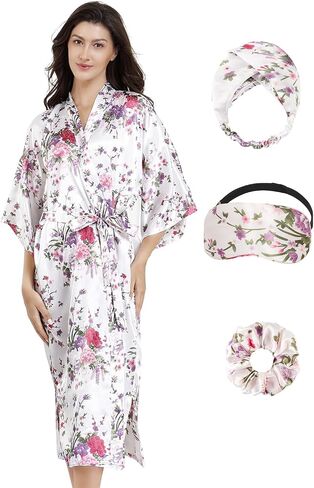 EPLAZA Women Long Floral Silky Satin Robe Wedding Bridal Spa Party Bride Bridesmaid Robes Kimono Loungewear Dressing Gowns in Saudi Arabia