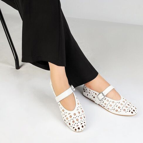 MICIFA Ballet Flats for Women with Buckle Strap Mesh Perforated Metal Studded Mary Jane Comfortable Ballerina Flat Shoes Metallic in Saudi Arabia