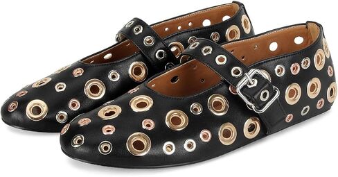 MICIFA Ballet Flats for Women with Buckle Strap Mesh Perforated Metal Studded Mary Jane Comfortable Ballerina Flat Shoes Metallic in Saudi Arabia
