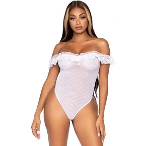 Leg Avenue Women's Lace Ruffle Off The Shoulder Teddy with Woven Point D'Esprit Detail, White, One Size