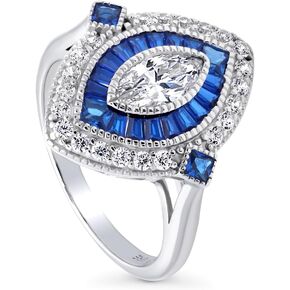 BERRICLE Sterling Silver Navette Cubic Zirconia CZ Statement Halo Fashion Ring for Women, Rhodium Plated Size 4-10