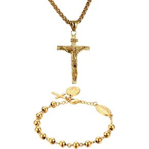 Cupimatch 2pcs Unisex Christ Jesus Crucifix Cross Rosary Beads Pendant Necklace Bracelet Set, Adjustable Gold Vintage Stainless Steel Player Charm Link Chain Bracelet