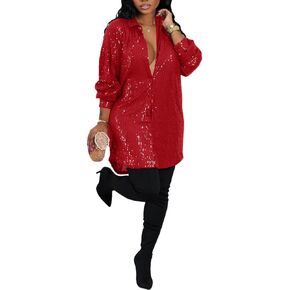 Sequin Party Night Shirt Dress for Women,Long Sleeve V Neck Lapel Mini Dress Button Sparkly Short Dress Tunic Tops in Kuwait