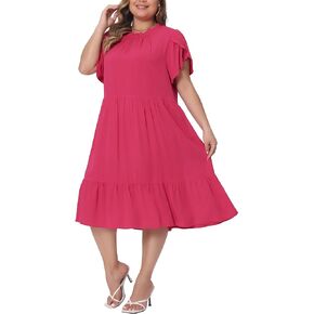 Agnes Orinda Plus Size Dress for Womens Tie Back Petal Sleeve Mock Neck Ruffle Hem A-Line Swing Midi Dresses