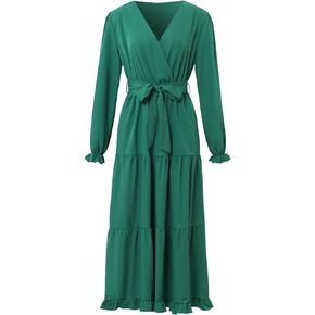 Women's Long-Sleeved Casual V-Neck Strap Elegant Hem Dress