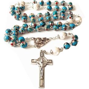elegantmedical HANDMADE NICE Blue CLOISONNE & 10mm Pearl BEAD ROSARY NECKLACE Italy St.Benedict cross Box