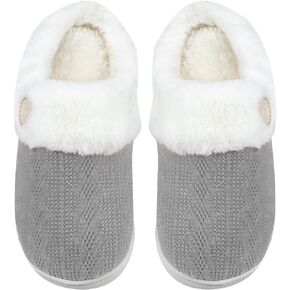Womens Slippers Warm Comfy Winter Slip-on Knitted Bedroom Slippers with Faux Fur Lining, Anti-Skid Memory Foam House Shoes Indoor Outdoor