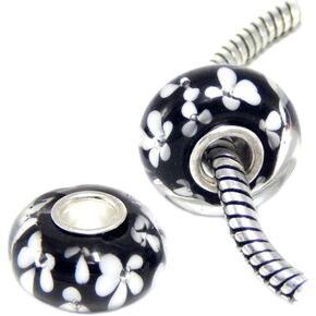 Set of 2 Black Handmade Murano Glass Charm Bead with White Flowers for Bracelets