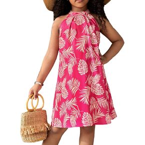 Floerns Girl's Sleeveless Halter Neck Tie Back Tropical Print Boho Summer Dress