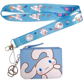 Cute Kitty Wallet Cartoon Anime Purse Credit Card Holder with Kawaii Dog Lanyard Gift for Women Girl (Blue)