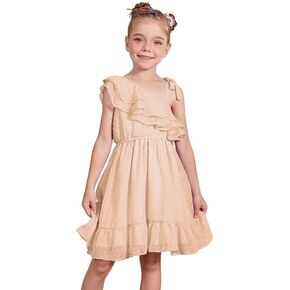 Jxstar Girls Summer Dots Dress Ruffle Kids One Shoulder Sleeve Sundress Midi Casual Dress