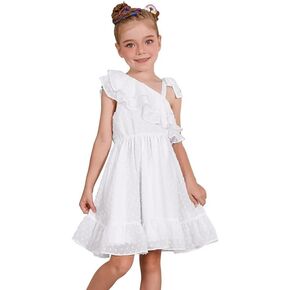 Jxstar Girls Summer Dots Dress Ruffle Kids One Shoulder Sleeve Sundress Midi Casual Dress