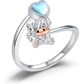TRISHULA Highland Cow Ring 925 Sterling Silver Open Daisy Ring Heart Shaped Moonstone Ring Adjustable Highland Cow Jewelry for Birthday for Women Girls Cow Lovers Gifts