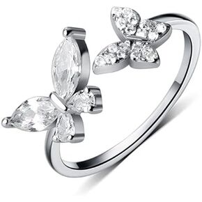 Delicate CZ Butterfly Wrap Finger Band 925 Sterling Silver Rhinestone Crystal Open Statement Rings Promise Engagement Ring Wedding Band Adjustable Dainty Jewelry Gifts for Women Girls