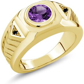 Gem Stone King 1.73 Ct Purple Amethyst Black Diamond 18K Yellow Gold Plated Silver Men's Ring