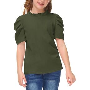 BesserBay Girls Puff Sleeve Fall Top Casual Solid Long Sleeve Pleated Shirts 4-12 Years