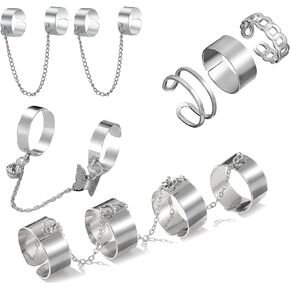 HUASAI Chain Rings for Women Punk Rings with Chains Open Finger Rings Set Gothic Stackable Knuckle Midi Rings