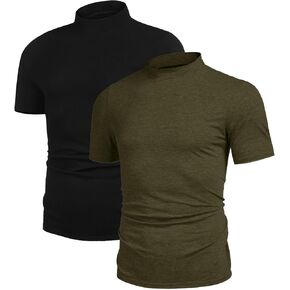 Poriff Men's Casual Mock Turtleneck Pullover Tops Short Sleeve Slim Fit T-Shirts Basic Solid Color Tees