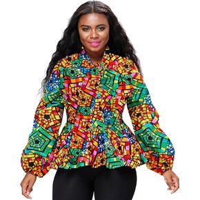 SHENBOLEN Women Print Long Sleeves Top Ankara Loose Blouse