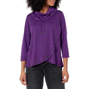 MULTIPLES Women's Petite Three Quarters Sleeve Drawstring Cowl Collar Wrap Front Hi-lo Top with Embellishment in Saudi Arabia