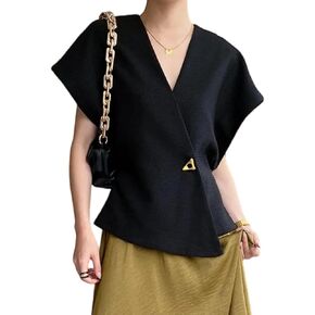 Cicy Bell Womens Trendy V Neck Tops Shirts Short Sleeve Button Down Slim Waist Summer Blouses
