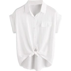 Milumia Women Casual Short Sleeve Button Down Collar Shirt Blouse Front Tie Knot Tops