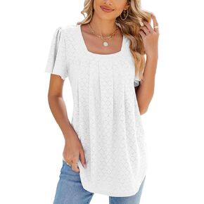 HOCOSIT Womens Summer Tunic Tops Casual Square Neck Ruffle Short Sleeve Loose T Shirts Blouses 2024