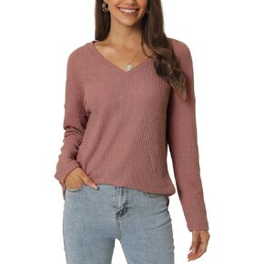 Women's Waffle Knit Tops V Neck Long Sleeve Shirts Casual Loose Blouse Lightweight Pullover