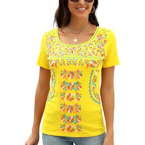 Mexican Shirts for Women Floral Embroidered Tops Short Sleeve Blouses Women's Traditional Fiesta Tees Tunic Peasant