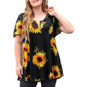 MONNURO Womens Plus Size Short Sleeve Henley Shirts Casual Loose Tunic Top With Pockets