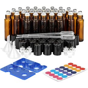 ComSaf Glass Essential Oil Roller Bottles, Set of 24, 10ml Clear Glass Bottles with Stainless Steel Roller Balls, Leakproof Essential Oil Container Kits with Labels, Dropper, for Facial Body Care