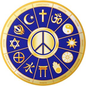 Interfaith Peace with Symbols from Many Religions Button Pinback for Backpacks, Jackets, Hats 2.25 Inches