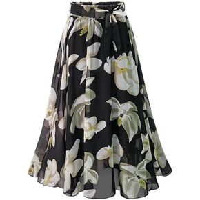 SANGTREE Women's Floral Print Chiffon Belted High Waist Flowy Swing Skirt