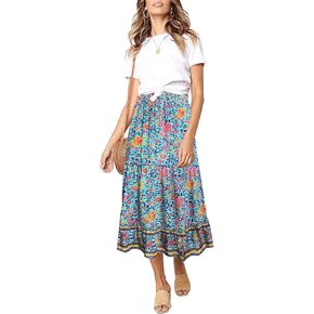 SimpleFun Women's Boho Floral Printed Elastic High Waist A Line Flowy Maxi Skirt with Pockets