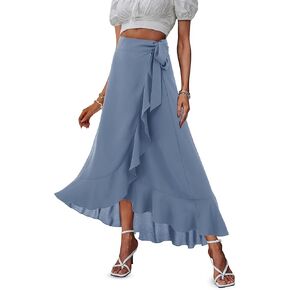 Beluring Womens Wrap Maxi Skirt High Waisted Tie Knot Summer Asymmetrical Flowy Beach Skirts in Kuwait