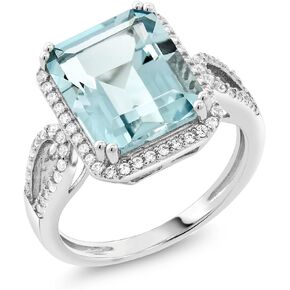 Gem Stone King 925 Sterling Silver Simulated Aquamarine Ring For Women (5.00 Cttw, Emerald Cut 12X10MM, Available In Size 5,6,7,8,9)