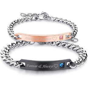 OIDEA 2pcs Stainless Steel Cubic Zirconia His Queen Her King Bracelets,Romantic Keep Me in Your Heart,CZ Love Charm Bangle Braclets for Valentines Gifts