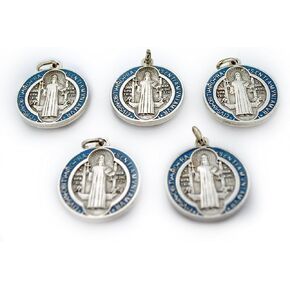 St. Benedict Medal with Blue and Red Enamel | Patron Saint of Students and Europe | Great Catholic Gift for First Holy Communion and Confirmation | Made in Italy (Lot of 5)