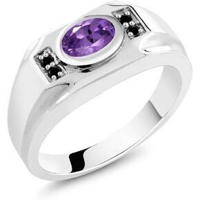 Gem Stone King Men's 925 Sterling Silver Purple Amethyst and Black Diamond Ring (1.23 Cttw, Gemstone February Birthstone, Oval 8X6MM, Available In Size 7, 8, 9, 10, 11, 12, 13)